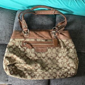 Coach Tan and Brown Signature Canvas Tote with Leather Trim